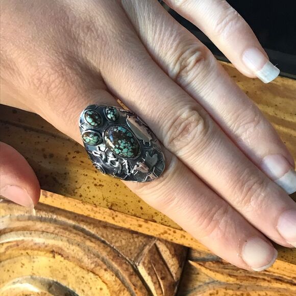 Royston Blue Horizon Turquoise Sterling Silver Statement Ring Size 10 - Picture 2 of 11